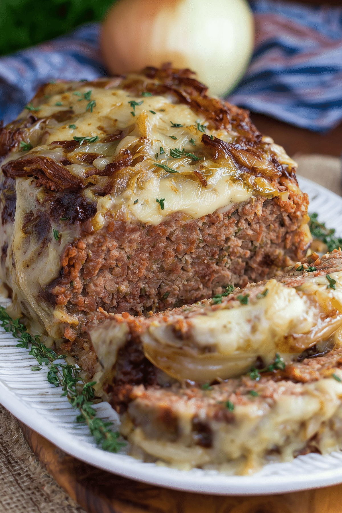 French Onion Meatloaf with melted Gruyère cheese and caramelized onions