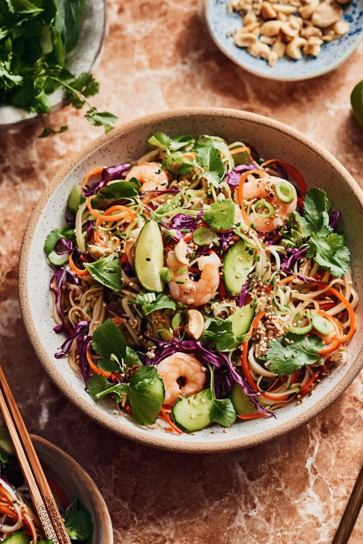 Healthy Spring Roll Salad with shrimp, pad Thai noodles, and vibrant vegetables