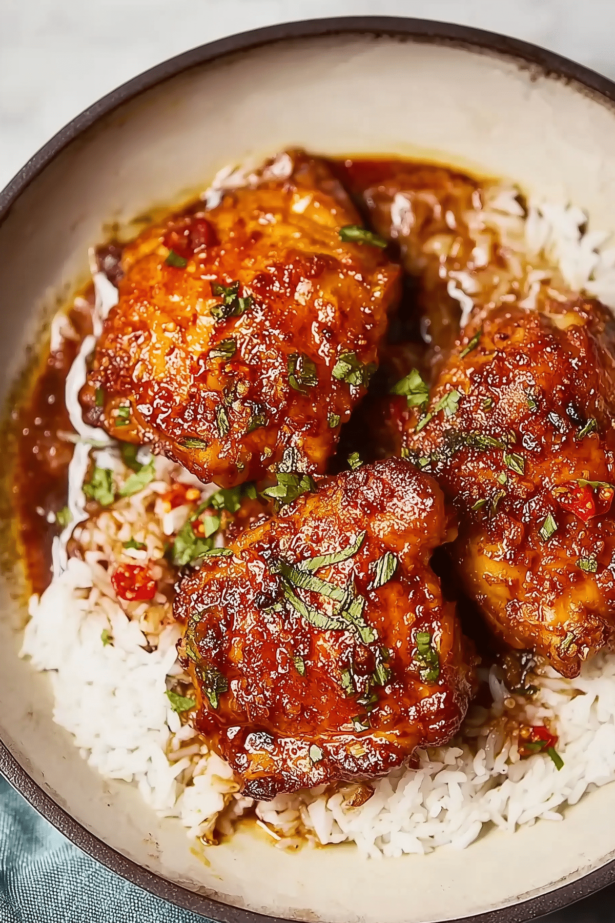 Honey Garlic Chicken Thighs served on a plate with sauce and cilantro