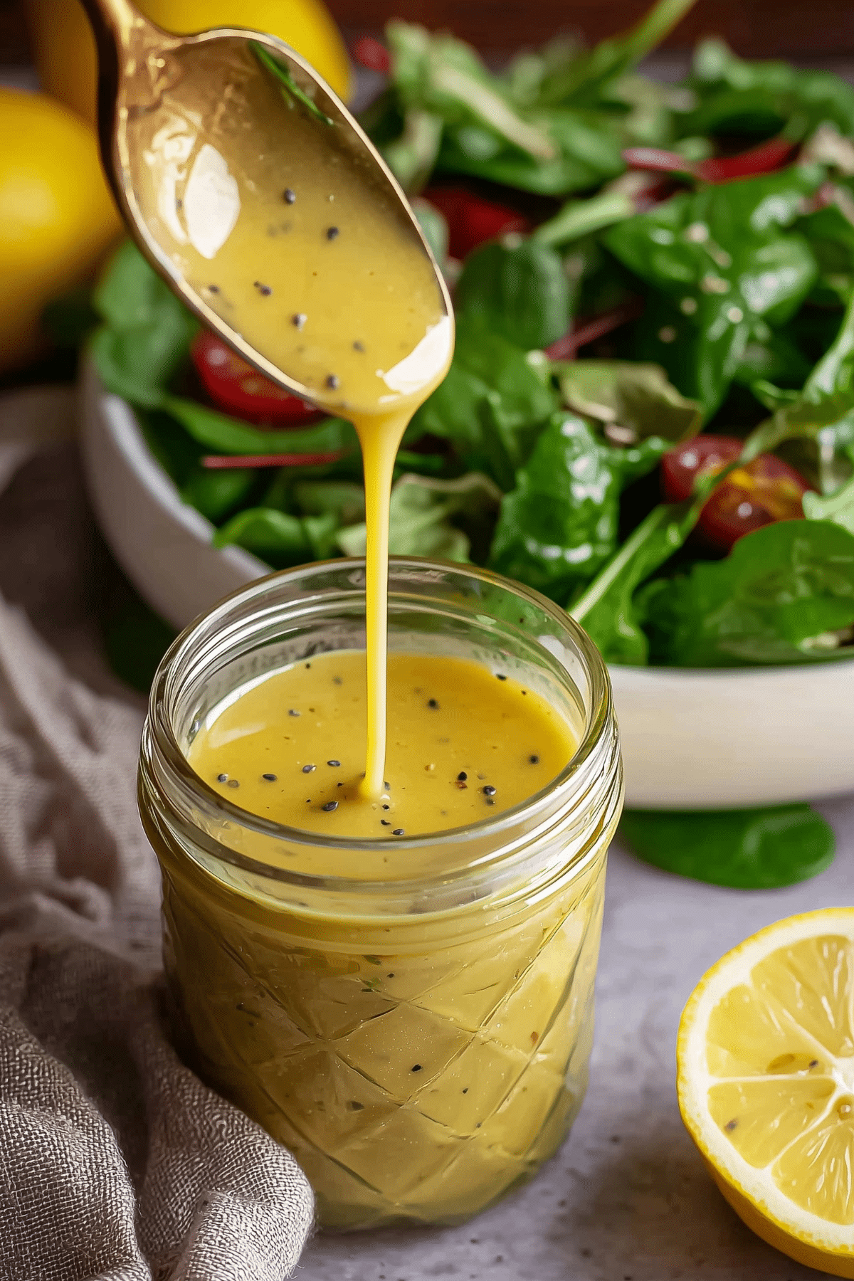 Honey Lemon Vinaigrette Salad Dressing in a jar with fresh ingredients