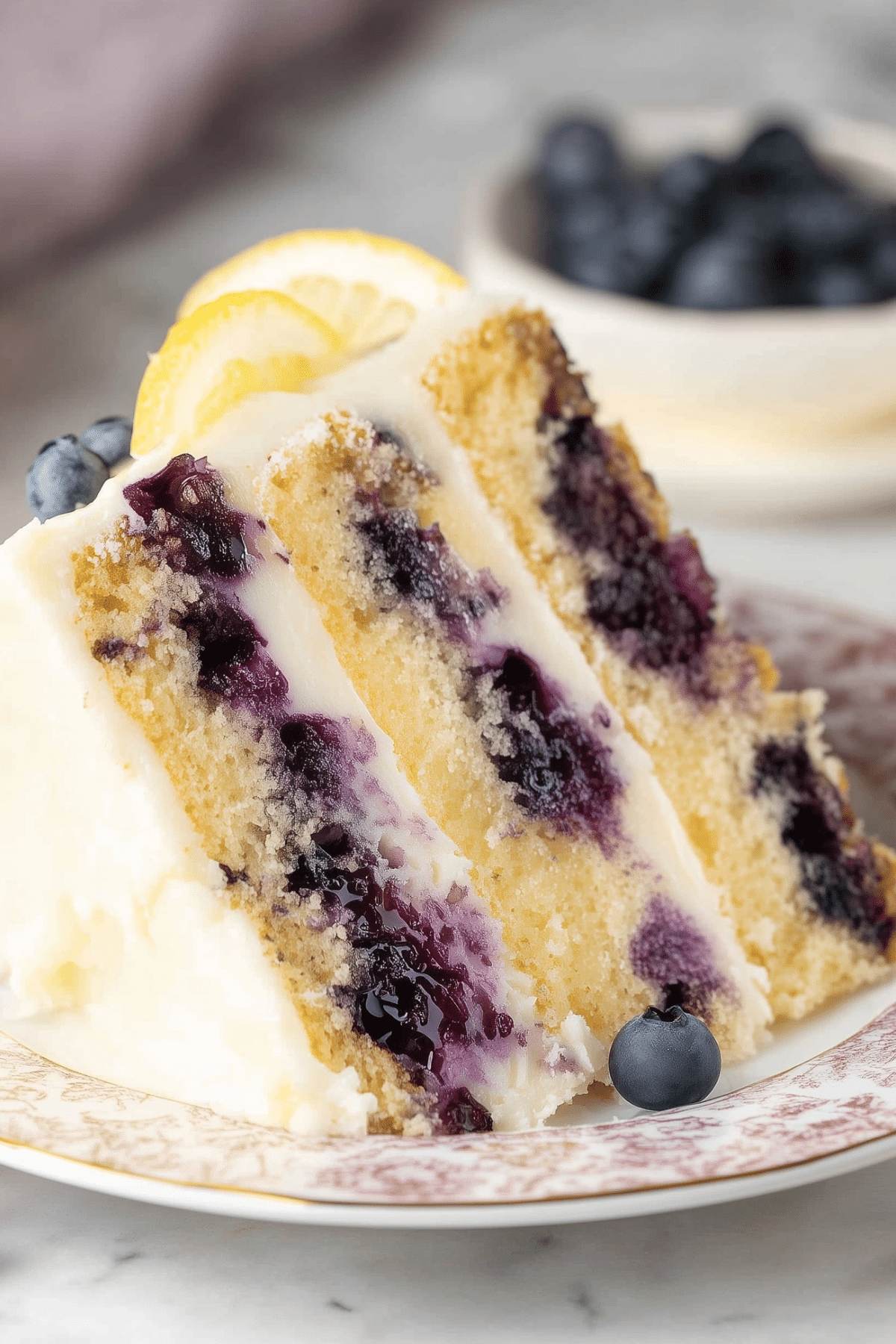 Lemon Blueberry Cake with cream cheese frosting and fresh blueberries