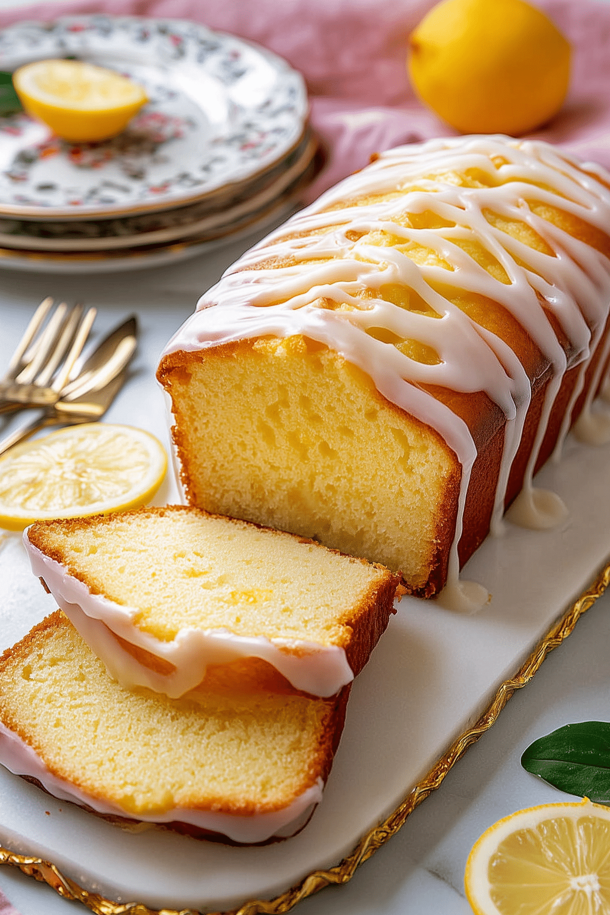 Delicious slice of lemon loaf cake with lemon icing and zest