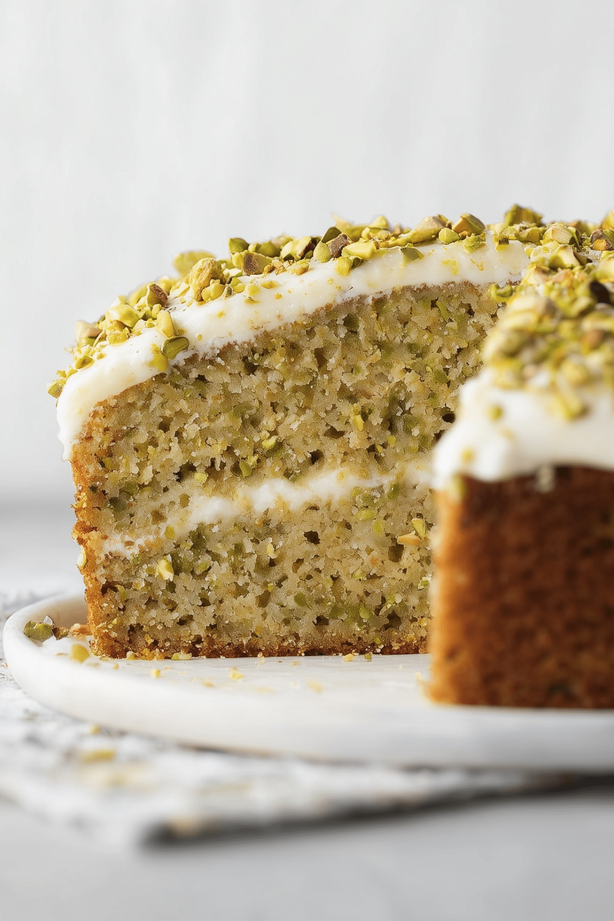 Delicious lemon pistachio cake with mascarpone frosting topped with chopped pistachios
