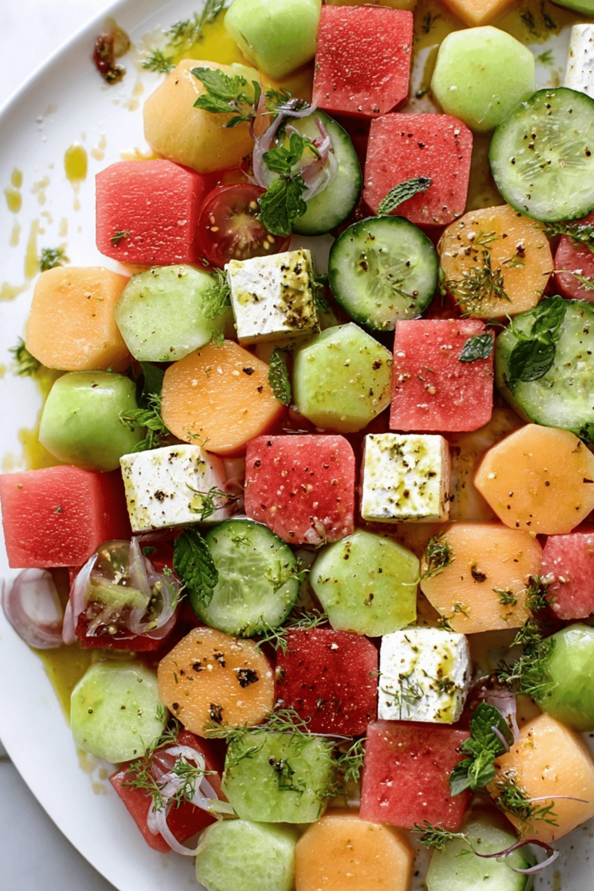 Melon Mosaic Salad with Hot Honey Vinaigrette with fresh melon, feta, and herbs