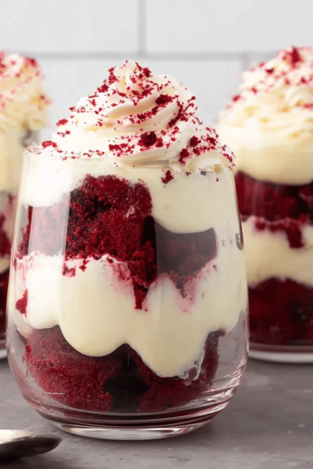 Red Velvet Trifle Cups with rich cake and creamy filling