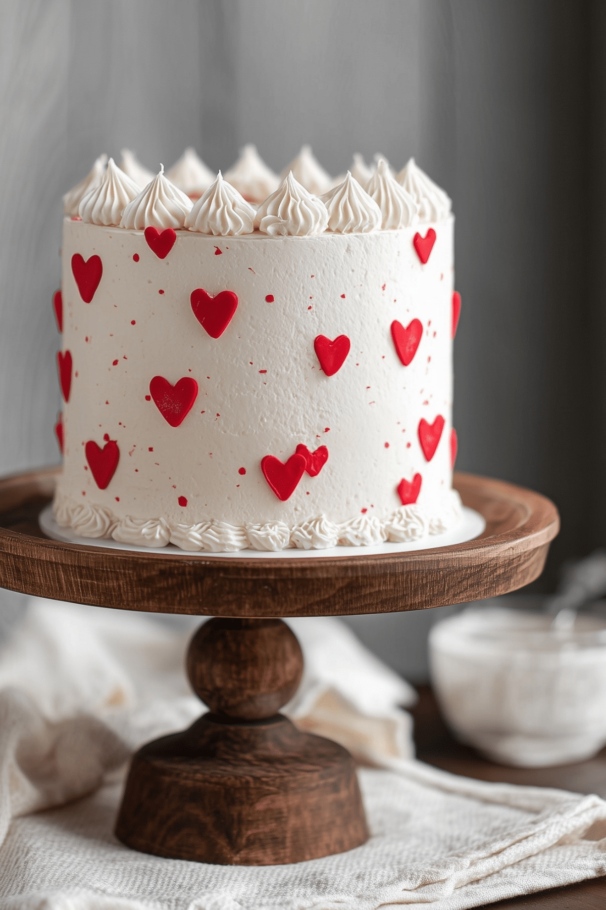 Red and White Valentine’s Day Cake with heart decorations