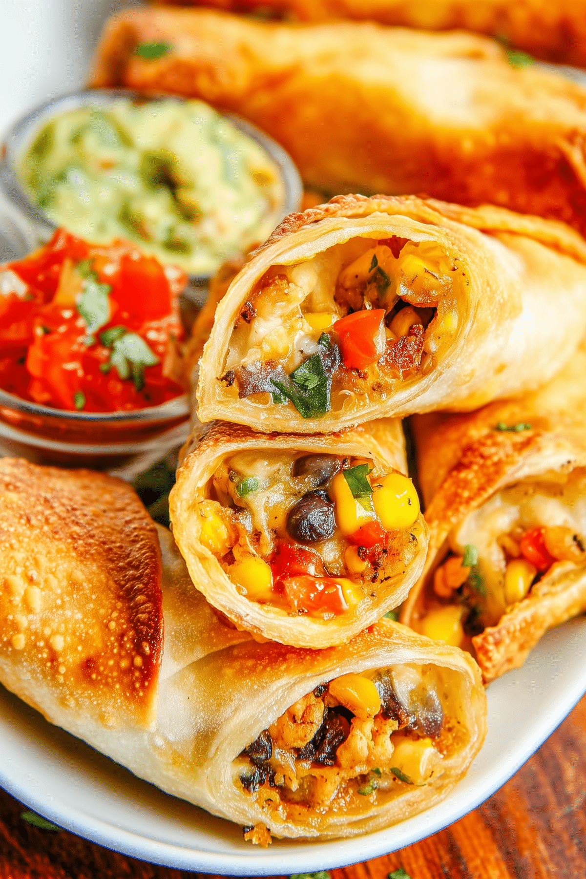 Southwest Egg Rolls with crispy tortillas and creamy avocado ranch dipping sauce