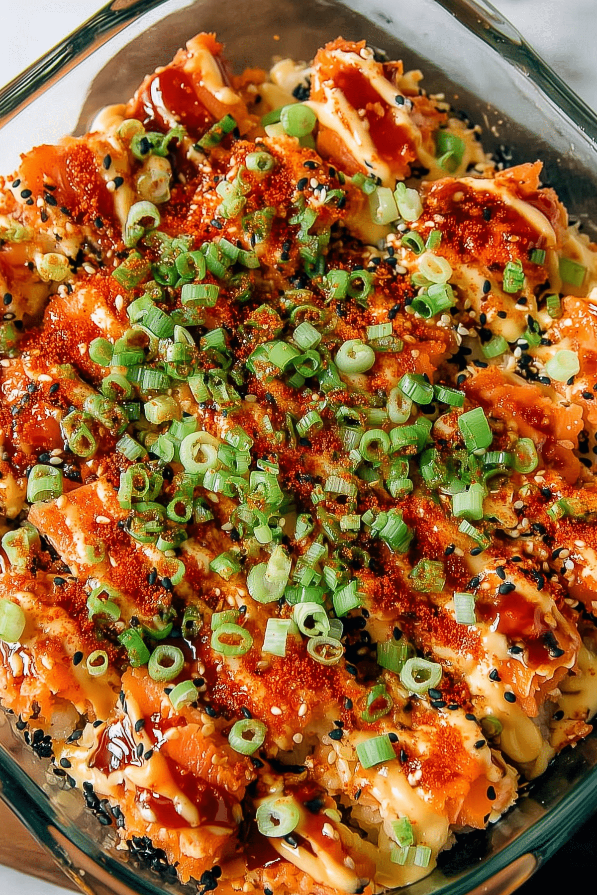 Spicy Salmon Sushi Bake with creamy salmon and sushi rice