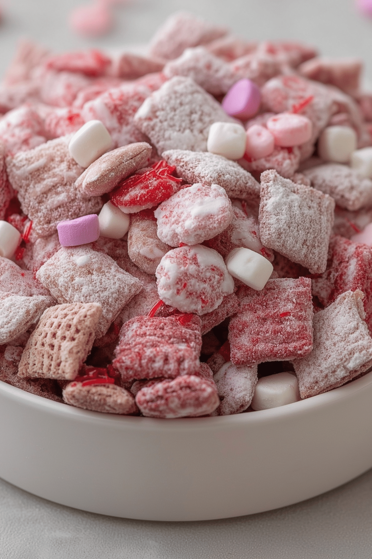 Valentine’s Day Muddy Buddies with pink and red candy melts