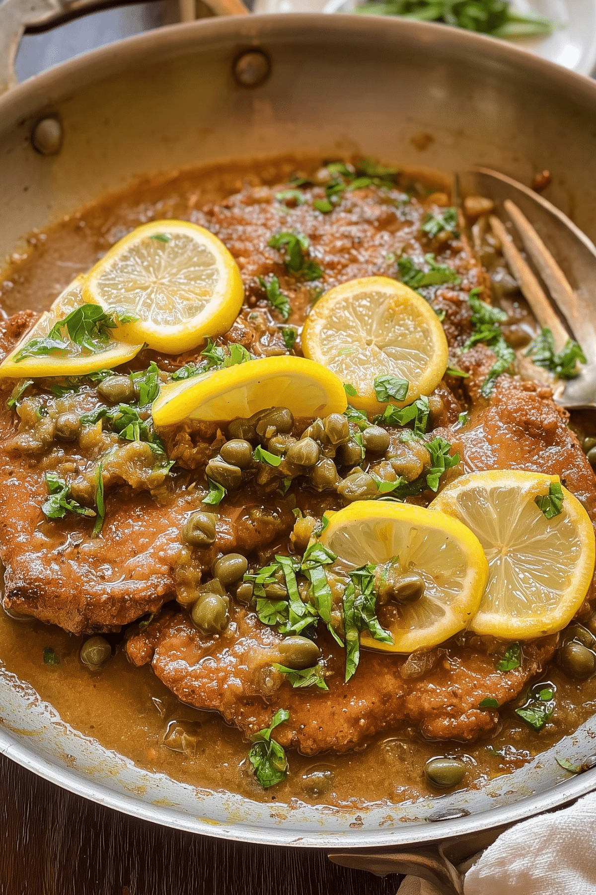 Veal Piccata served with lemon and capers in a buttery sauce