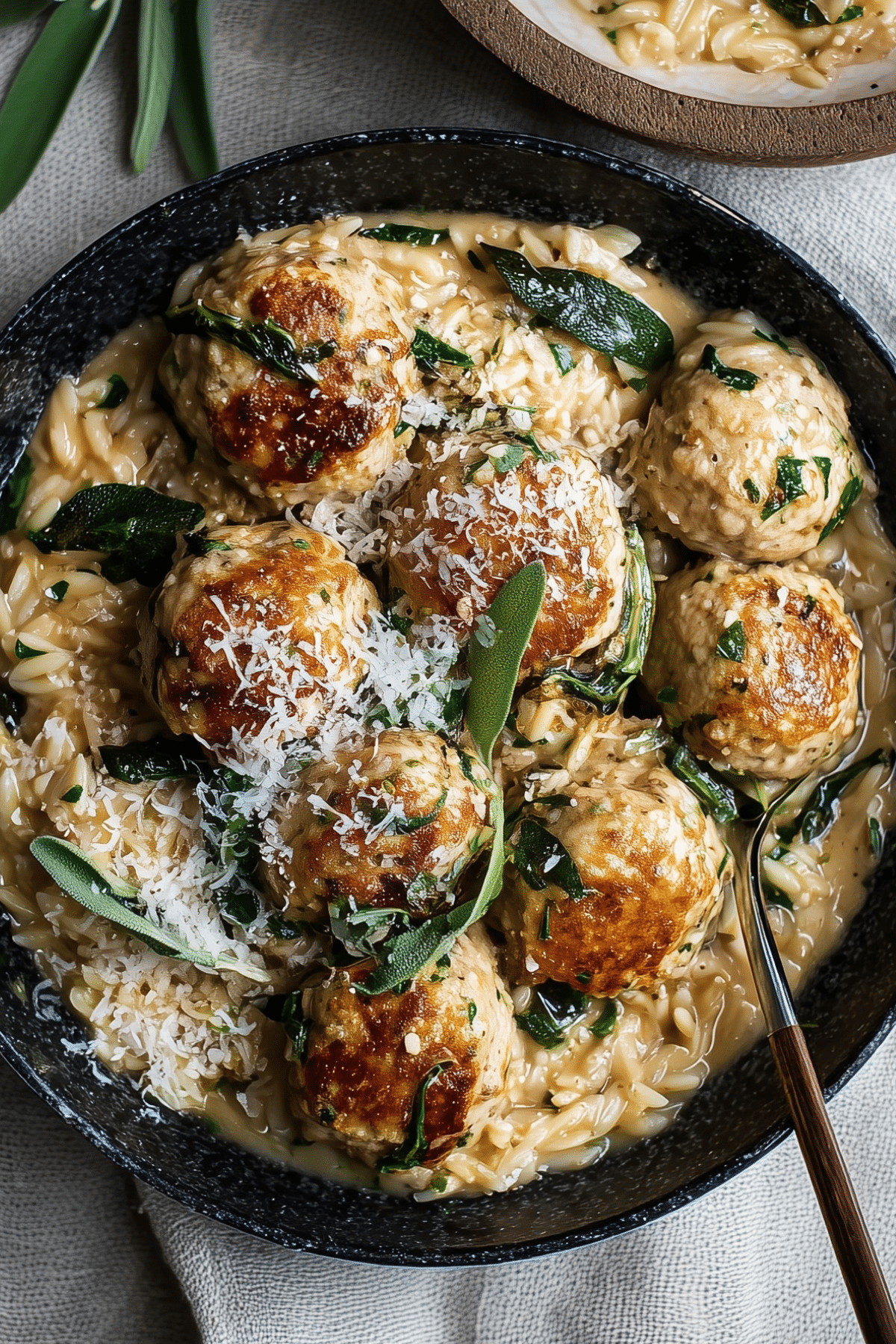 Baked Sage Chicken Meatballs with Parmesan Orzo