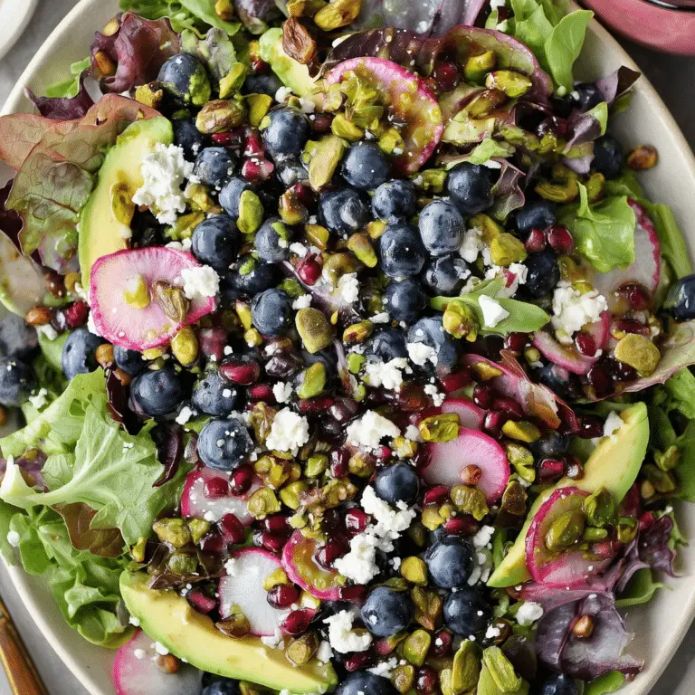 Blueberry Pistachio Spring Salad with fresh greens and pomegranate dressing
