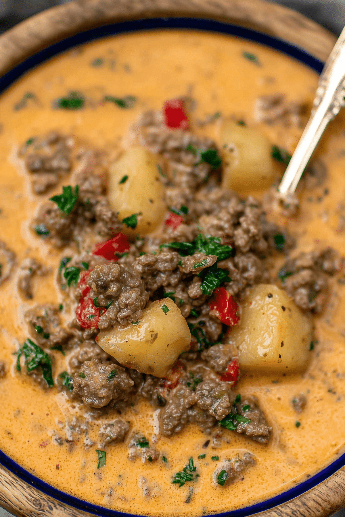 Cheesy Beef and Potato Soup with ground beef, potatoes, and melted cheddar in a bowl