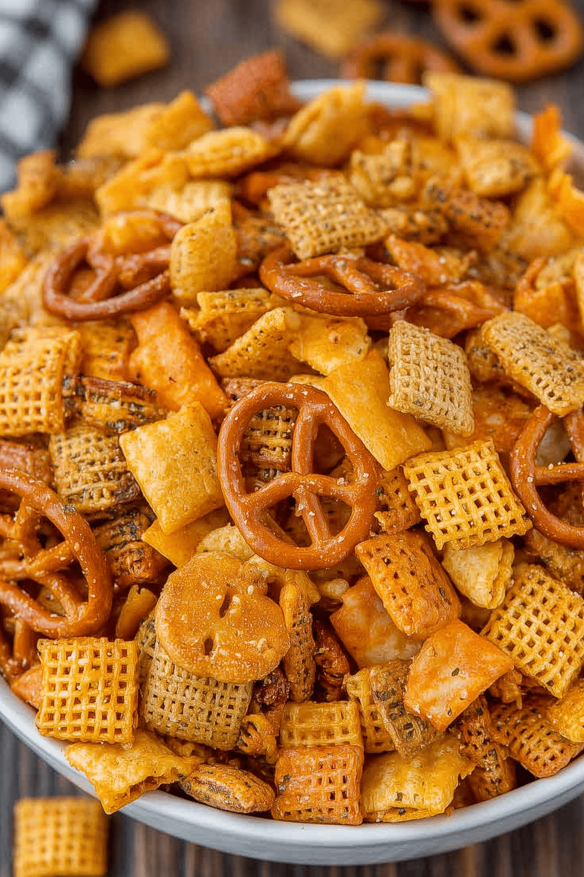 Cheesy Ranch Chex Mix served in a bowl
