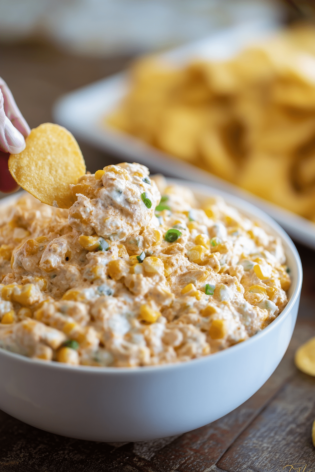 Creamy Corn Dip served with chips in a party bowl