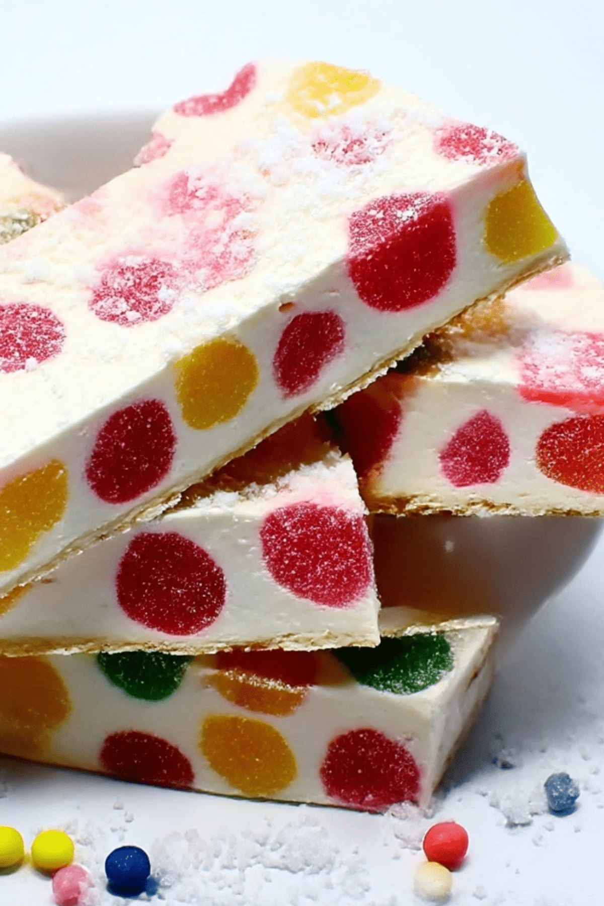 Fruity Gumdrop Nougat Candy in squares with colorful dots