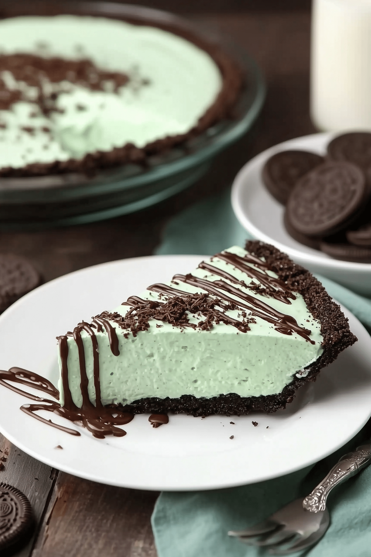 Grasshopper Pie with creamy mint filling and chocolate cookie crust