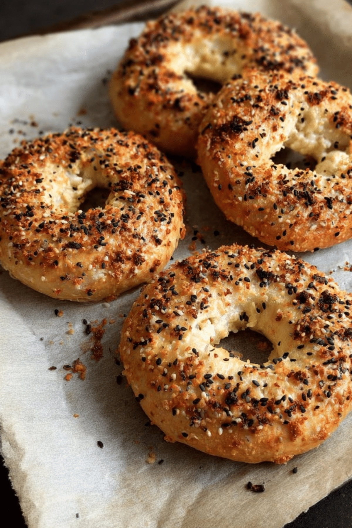 Freshly baked Greek Yogurt Bagels topped with everything seasoning