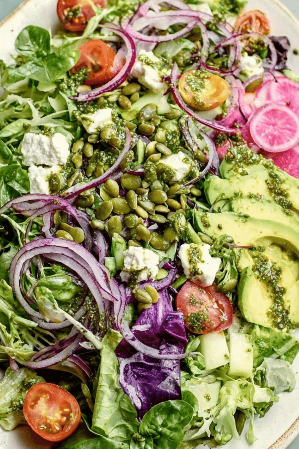 Green Salad with Basil Lemon Vinaigrette made with fresh greens and vibrant veggies