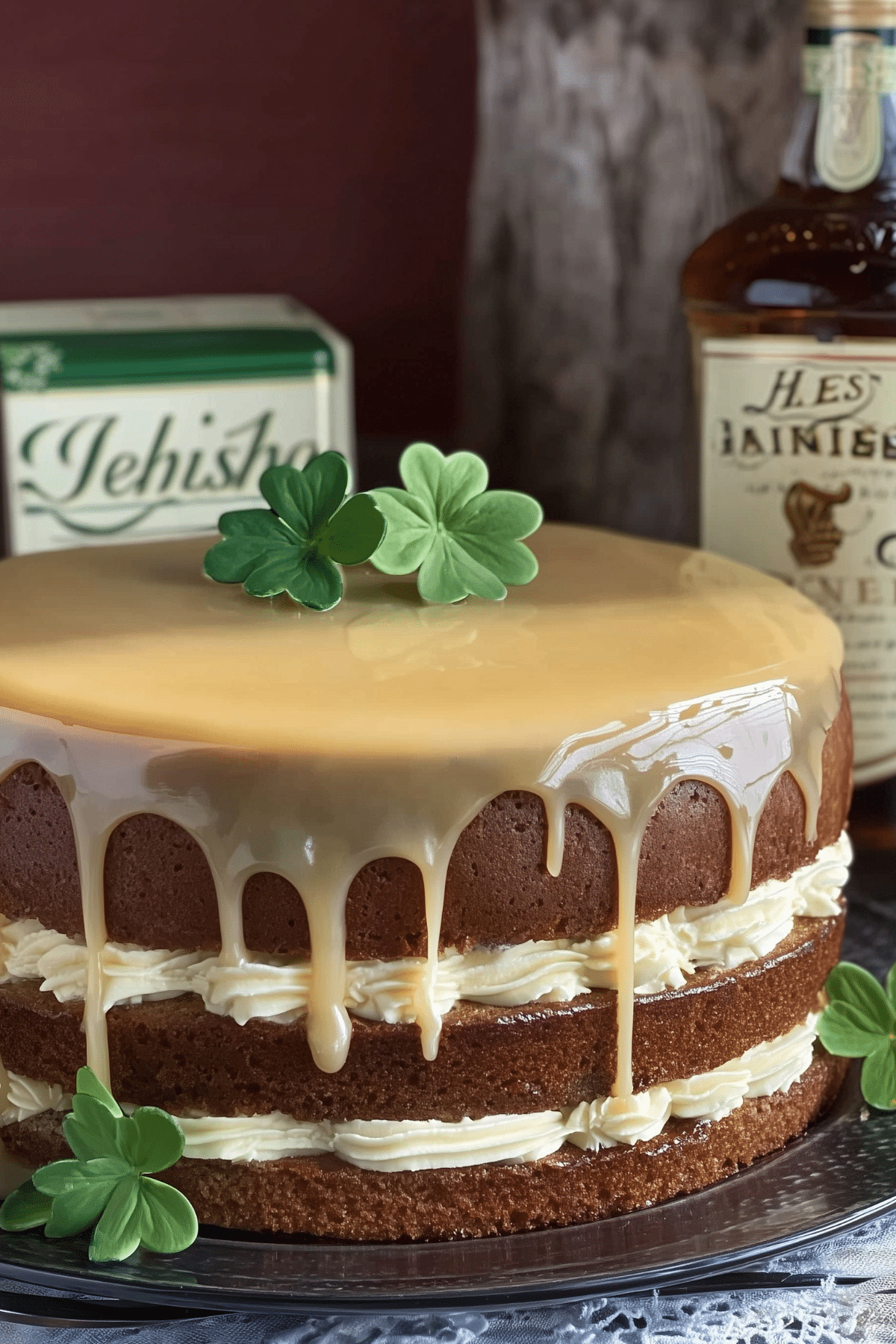 Irish Whiskey Cake with whiskey glaze and buttercream filling