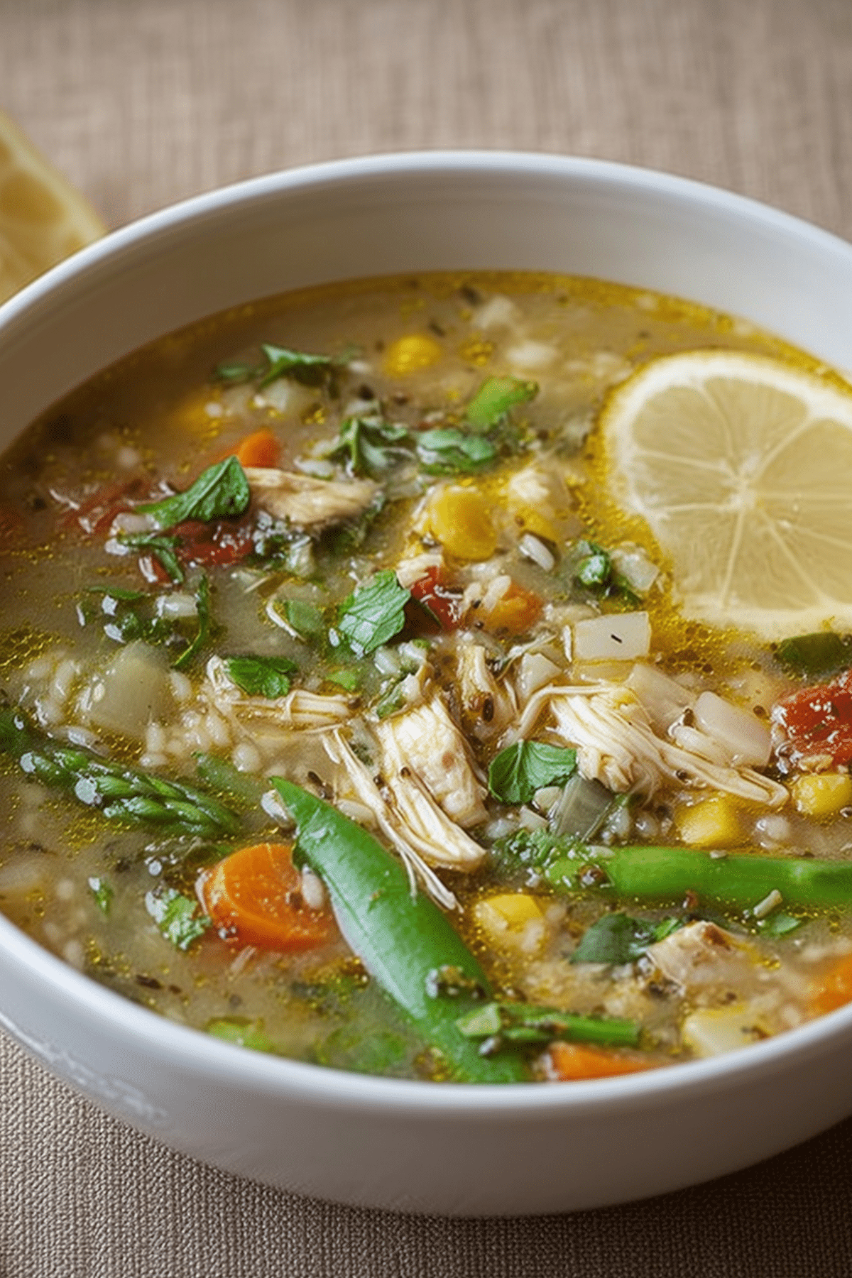 Lemony Chicken Soup with Spring Veggies with peas, zucchini, and fresh basil