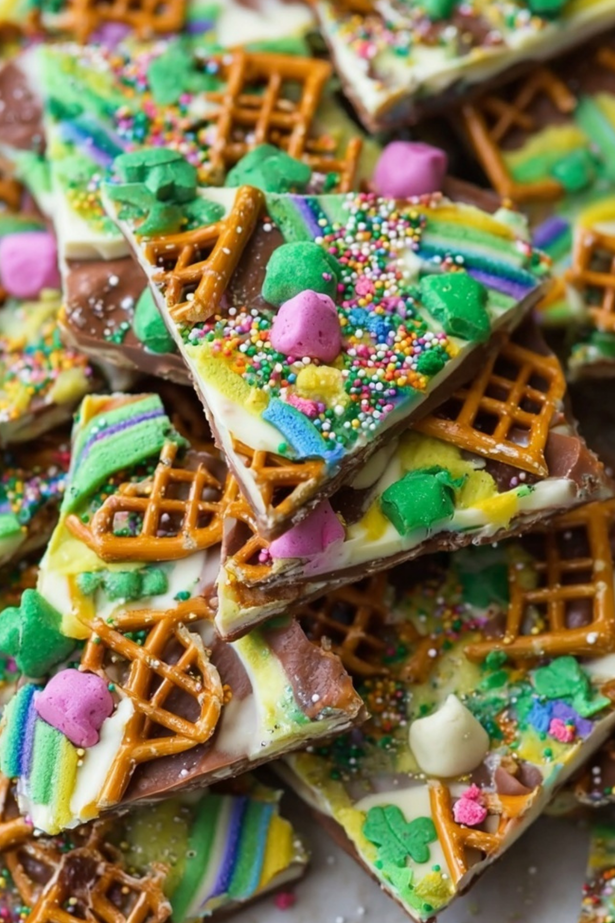 Leprechaun Bark with dark and white chocolate, pretzels, and rainbow sprinkles
