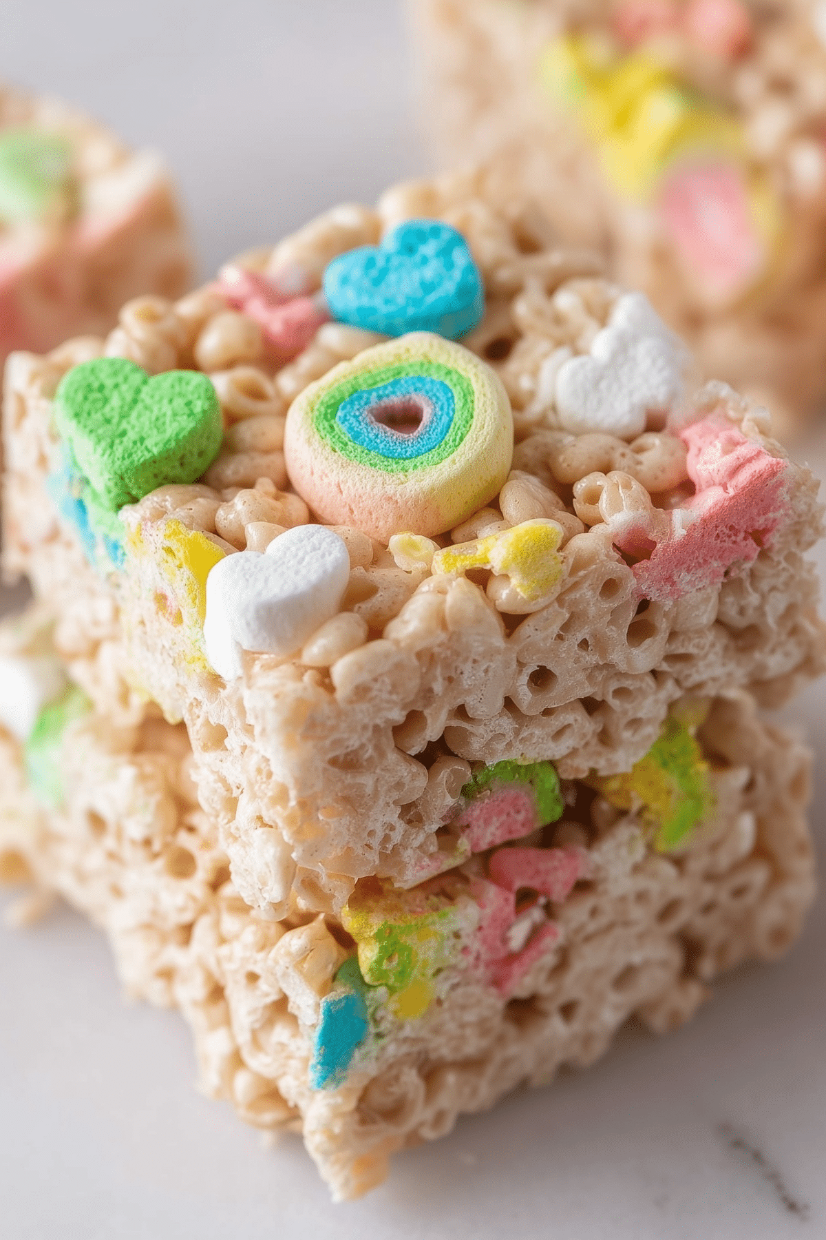 Lucky Charms Rice Crispy Marshmallow treats stacked on a plate
