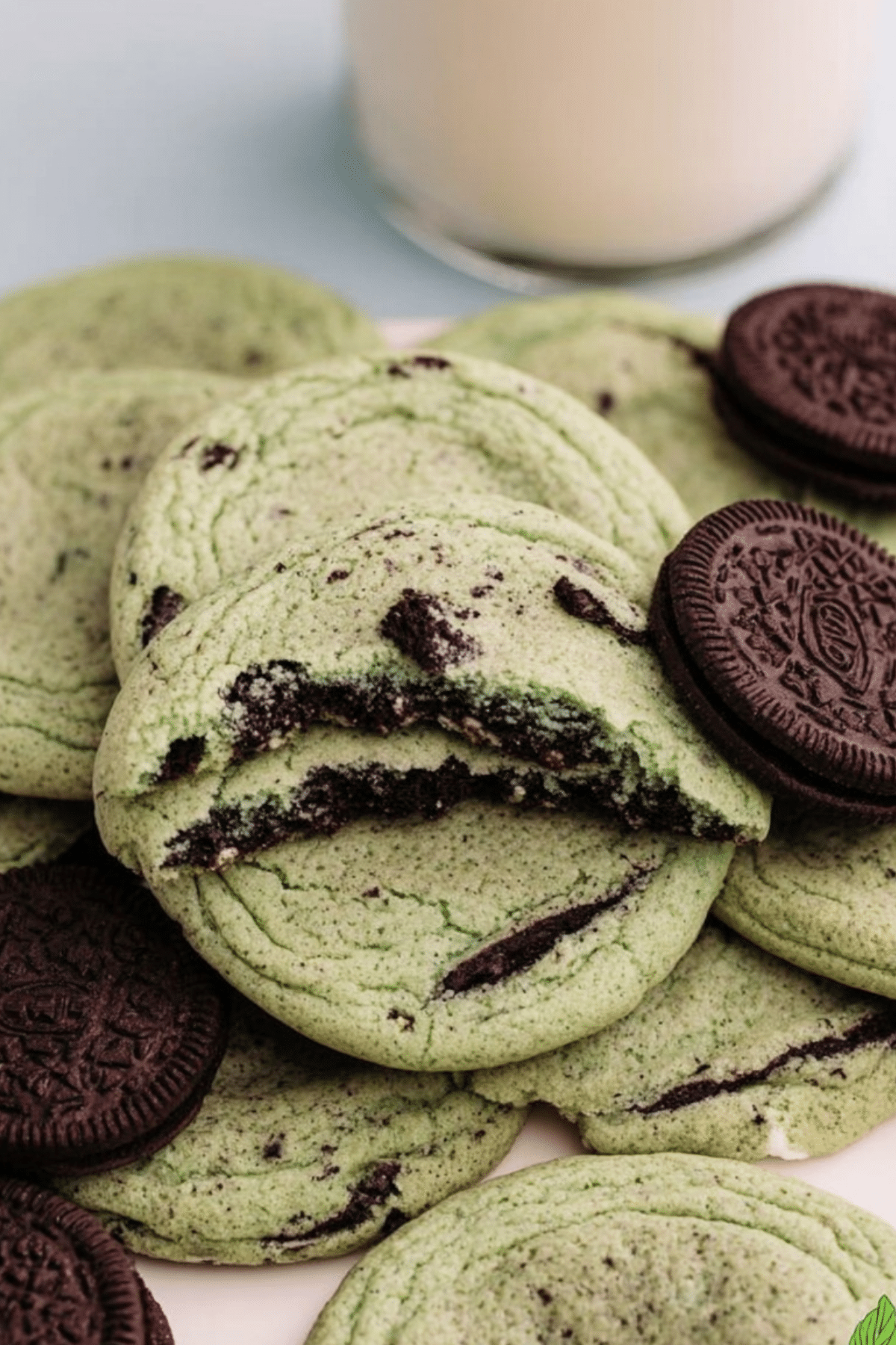 Freshly baked MINT OREO PUDDING COOKIES with chocolate chips and crushed mint Oreos