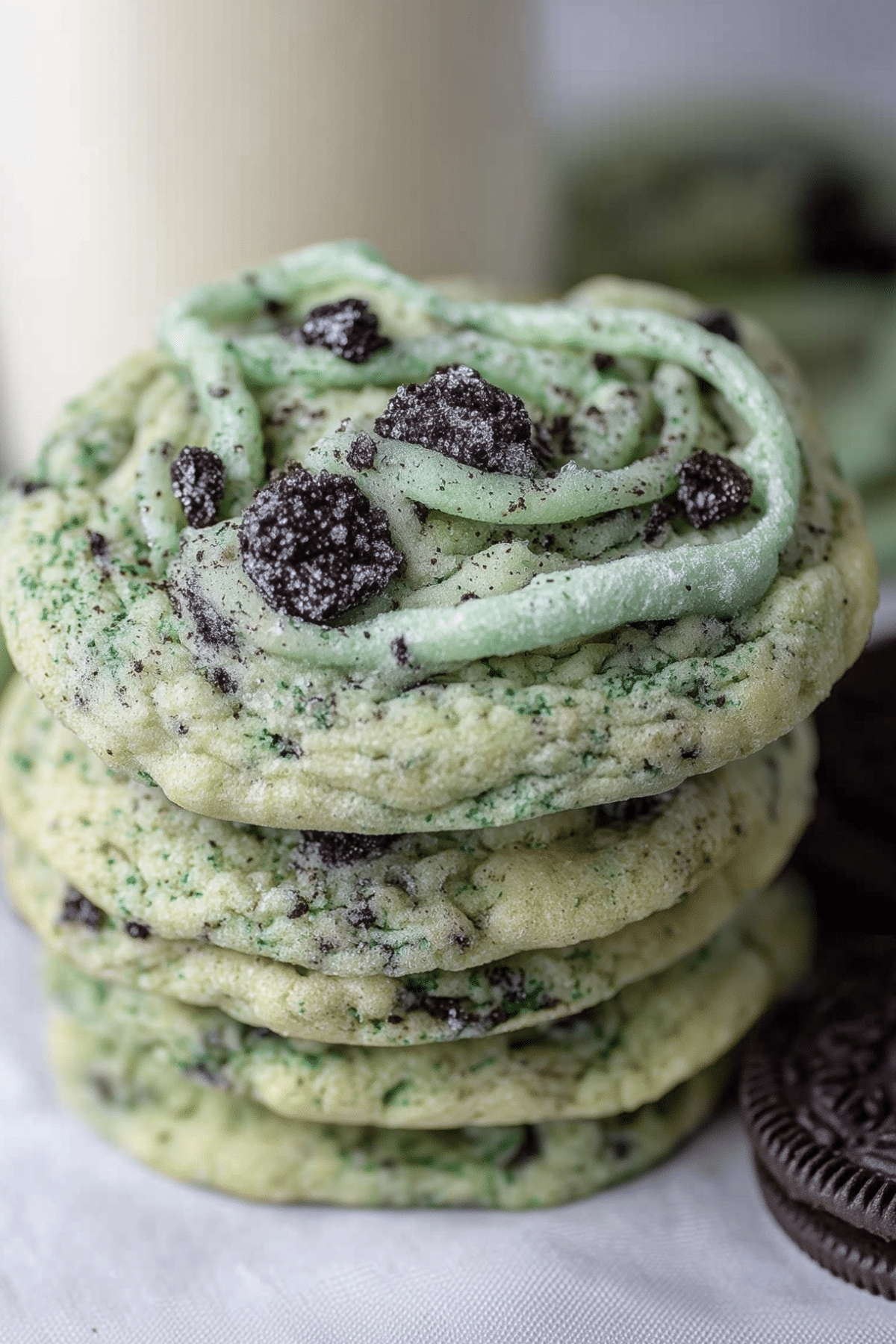 Soft and chewy Oreo Shamrock Shake Cookies with crushed Mint Oreos