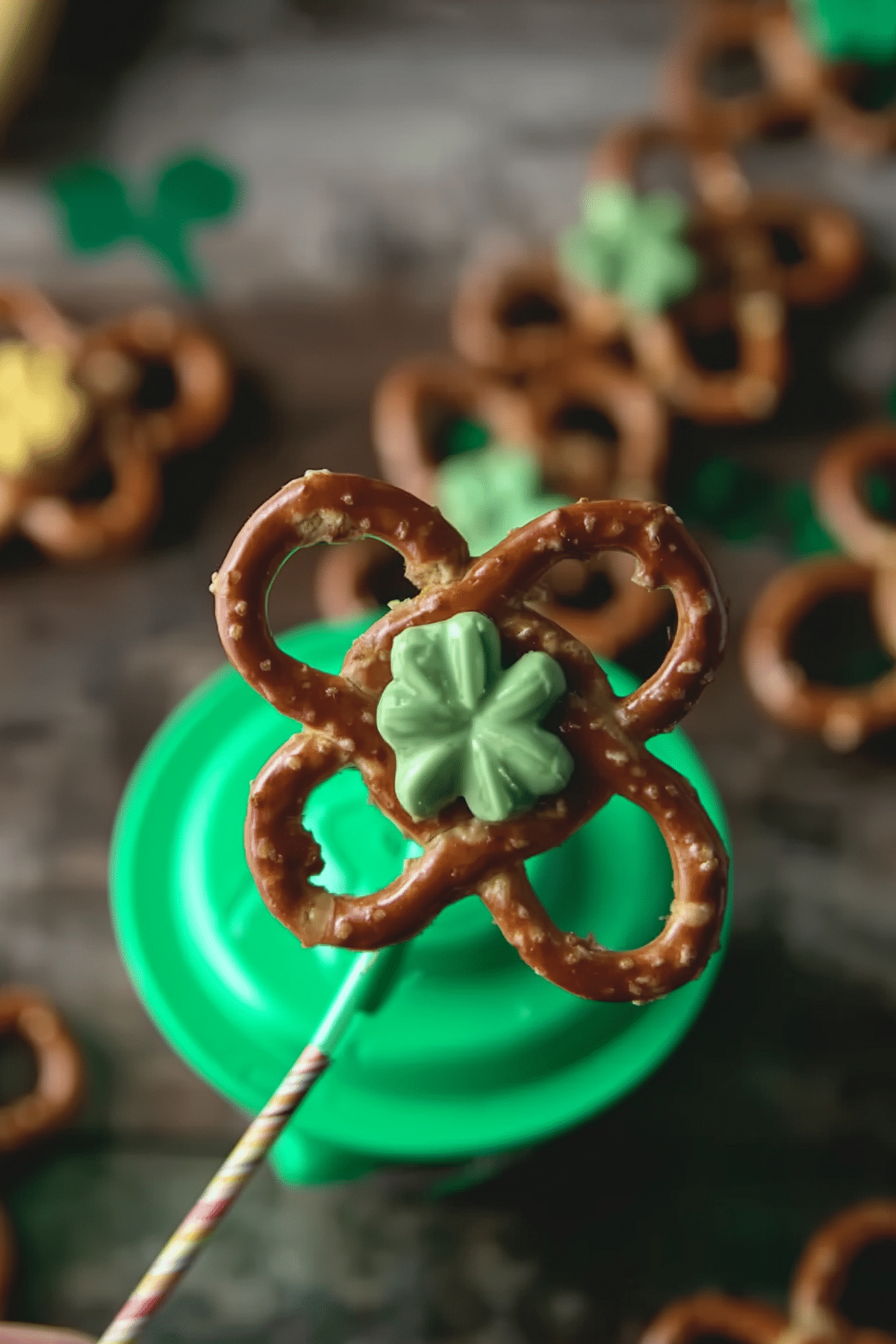 Shamrock Pretzels made with mini pretzels, caramel chocolate, and green candy