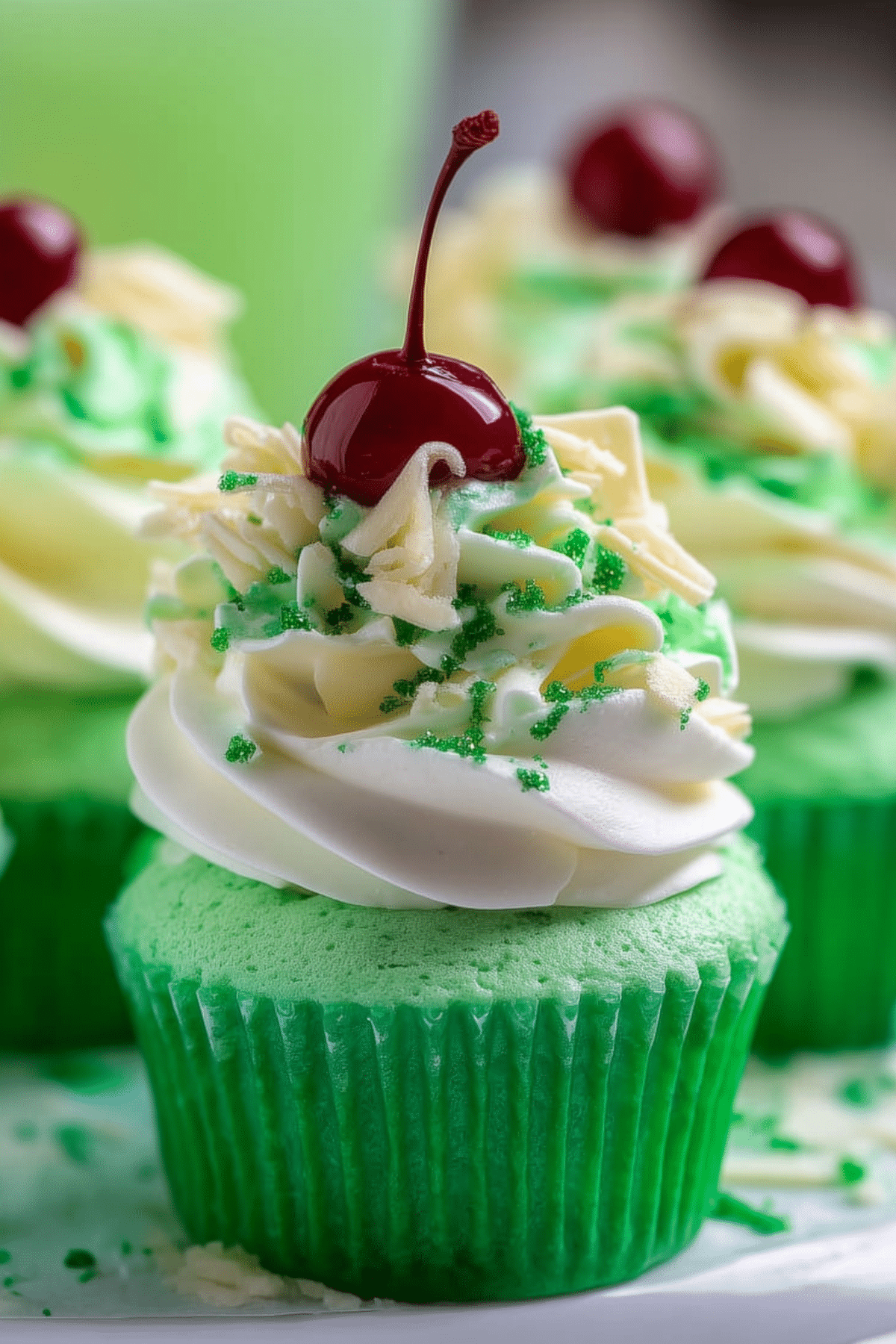 Shamrock Shake Cupcakes with mint frosting and cherry on top