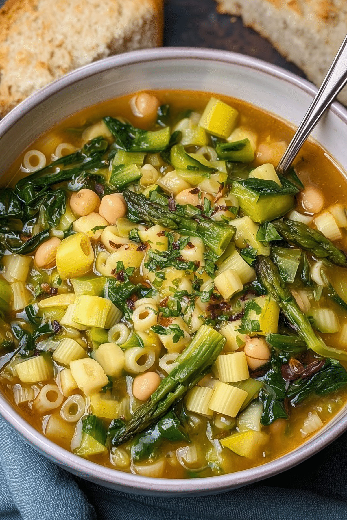 Spring Minestrone Soup with asparagus, chickpeas, and ditalini pasta in a bowl