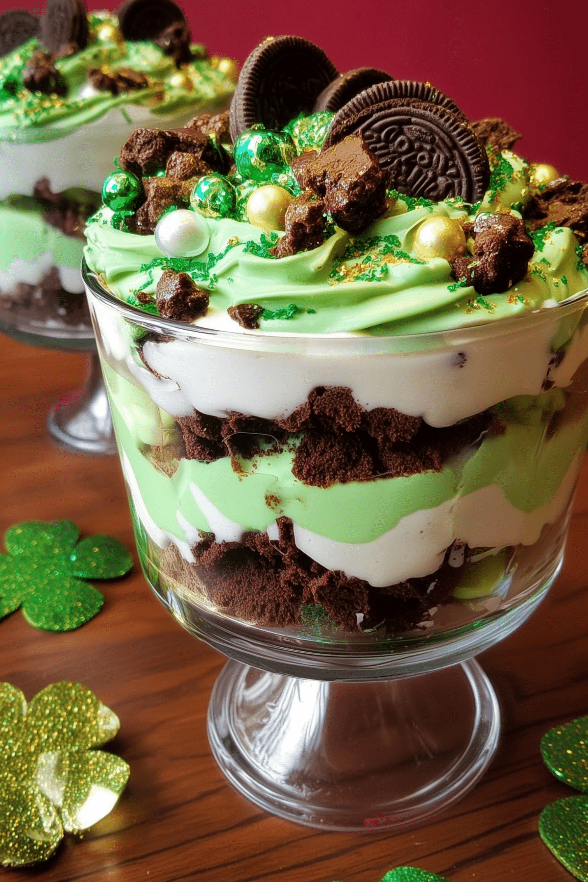 St Patrick’s Day Brownie Trifle layered with brownies, green pudding, and whipped topping
