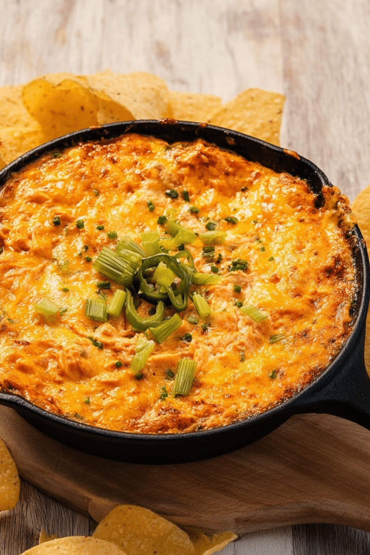 Traeger Buffalo Chicken Dip served hot and cheesy with tortilla chips