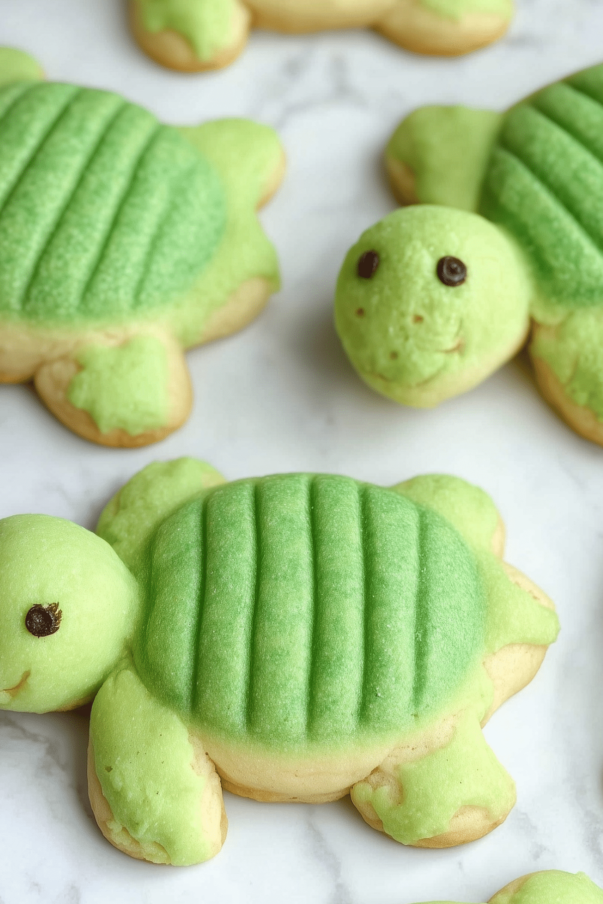 Turtle Sugar Cookies shaped like green sea turtles on a baking tray