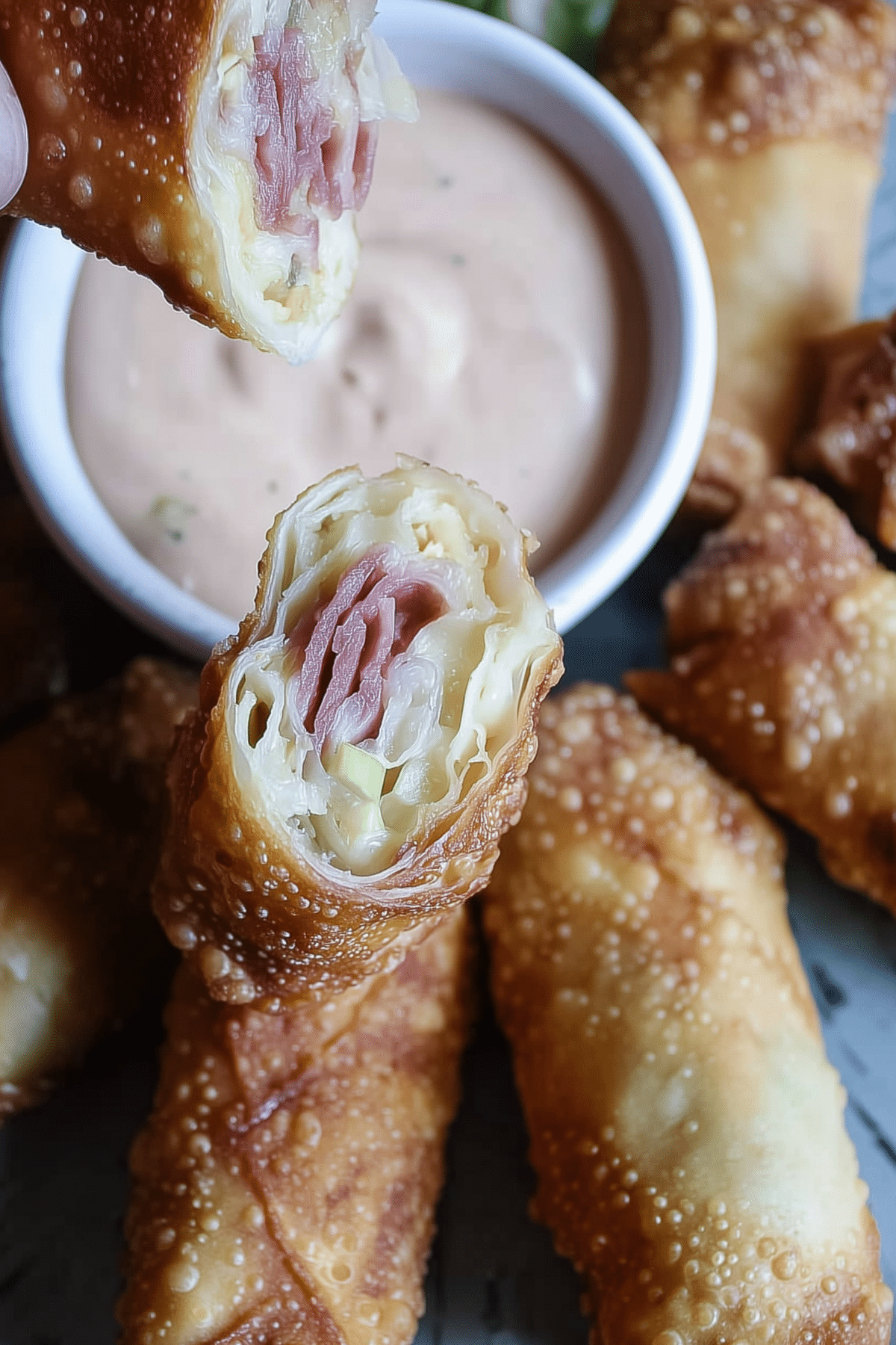 Crispy Reuben Eggrolls filled with corned beef, sauerkraut, and Swiss cheese