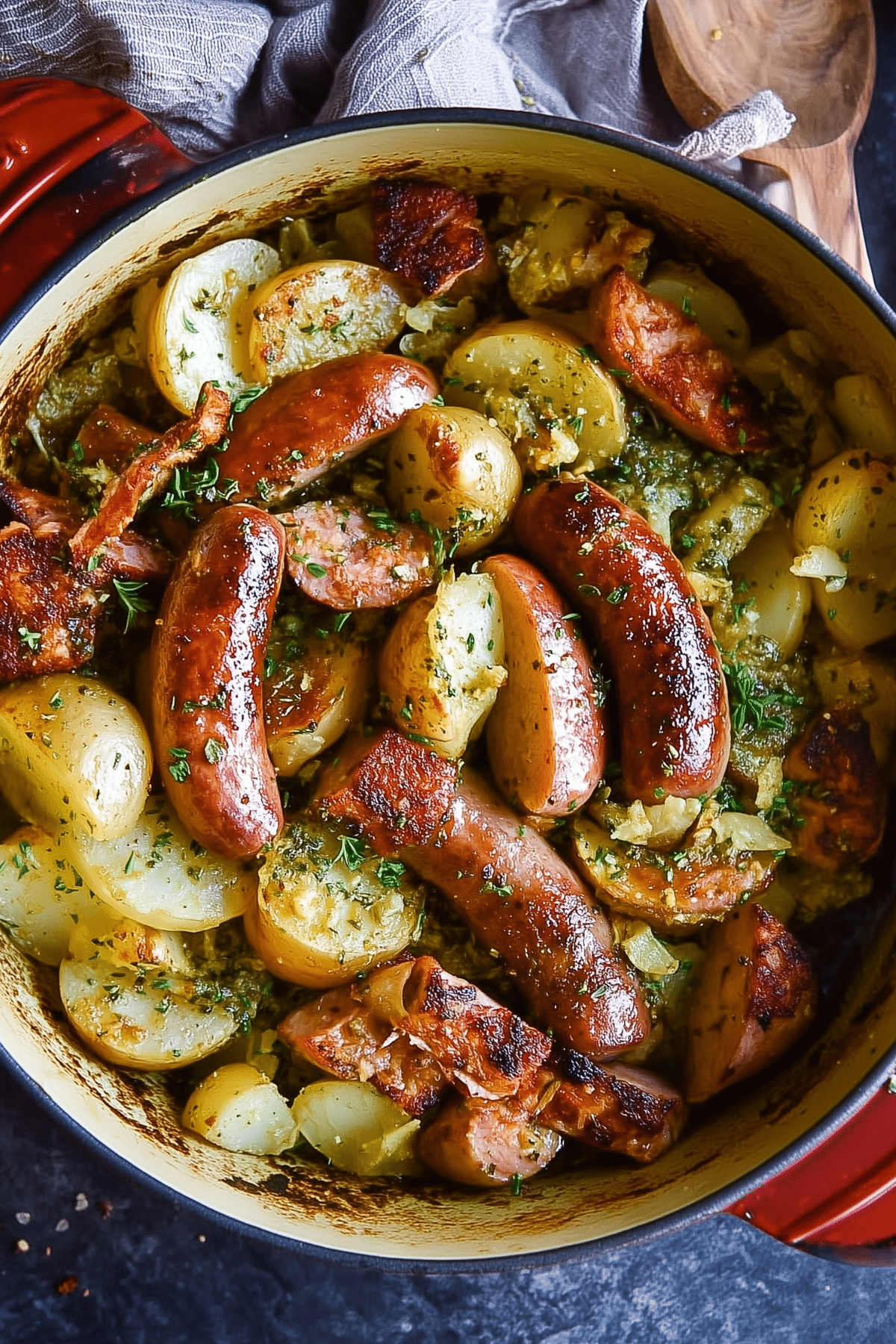 Dublin Coddle traditional Irish sausage and potato stew in a Dutch oven