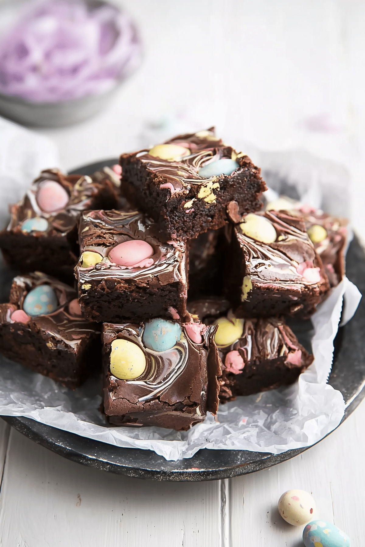 Easter Brownies with chocolate bark topping and candy eggs