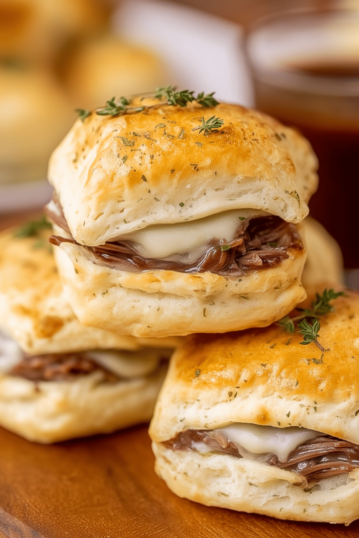French Dip Biscuits on a plate, ready for dipping in au jus