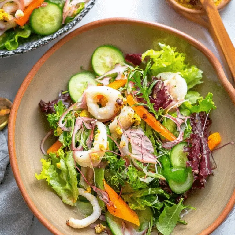 Garden Salad with Calamari served with fresh vegetables and citrus vinaigrette