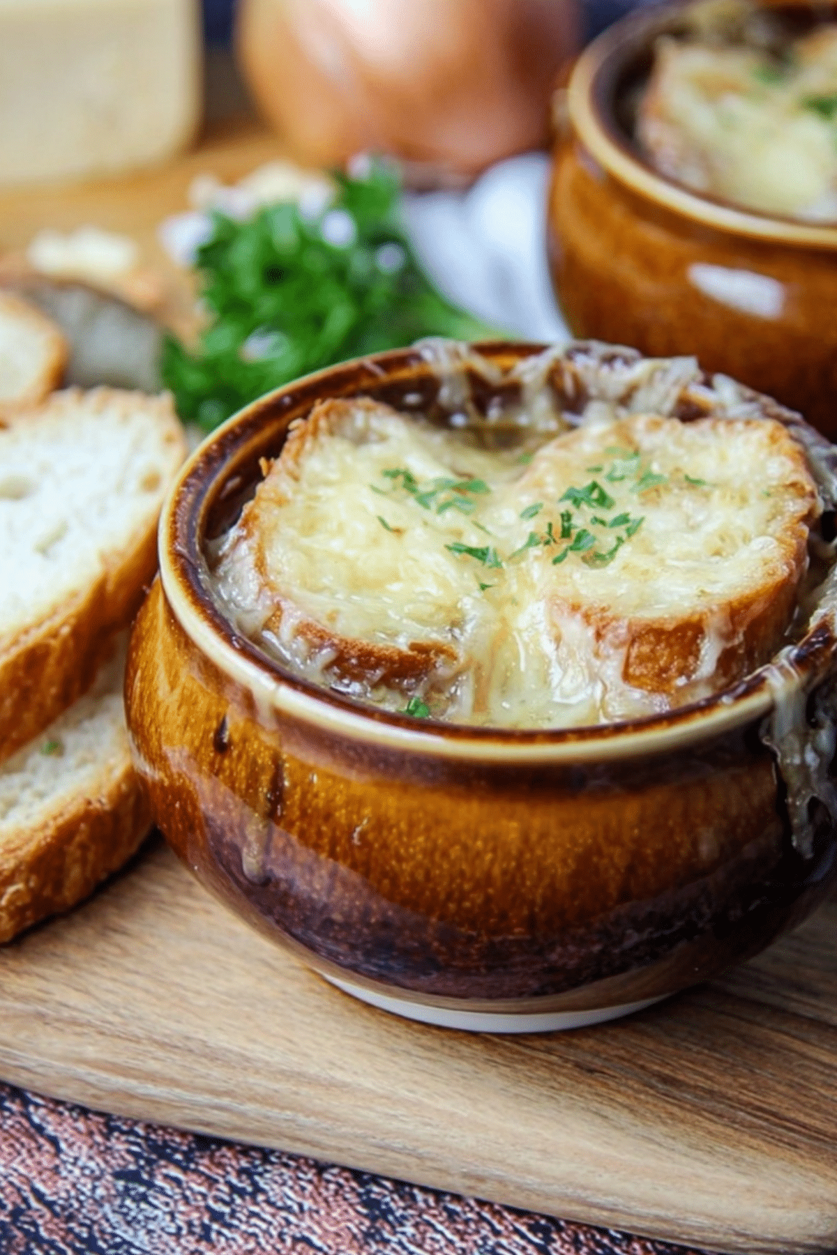 Guinness Onion Soup topped with melted Irish cheese and toasted baguette