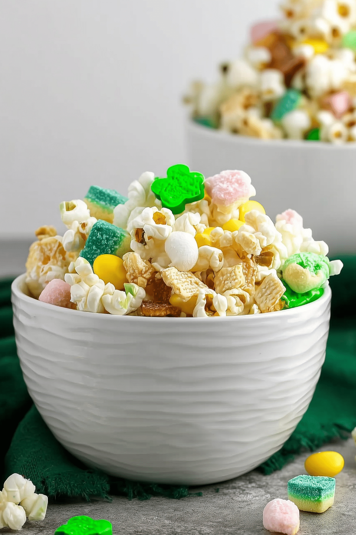 Loaded Leprechaun Popcorn with marshmallows, mint candies, and Lucky Charms cereal