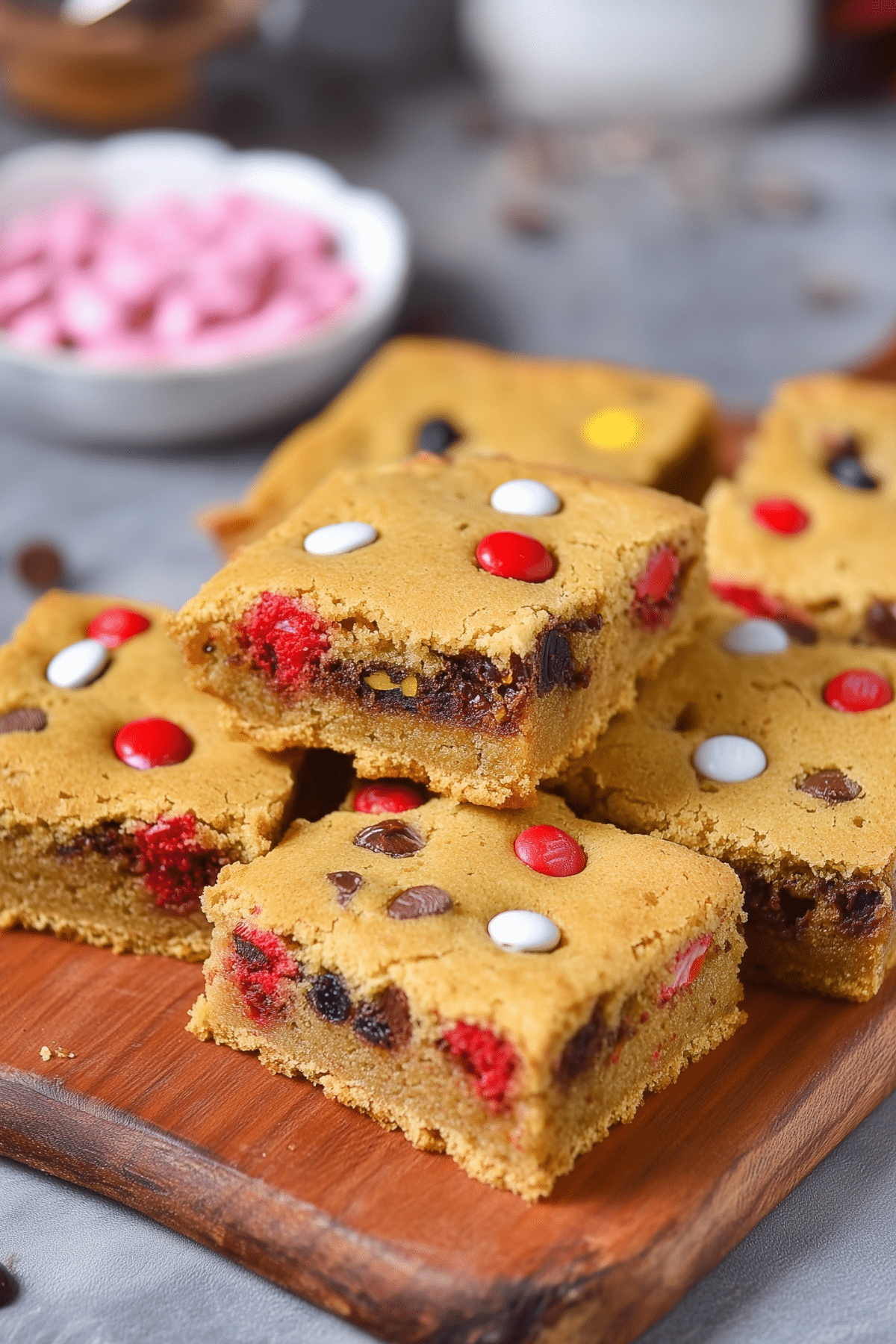 homemade M&M Cookie Bars with colorful chocolate candies