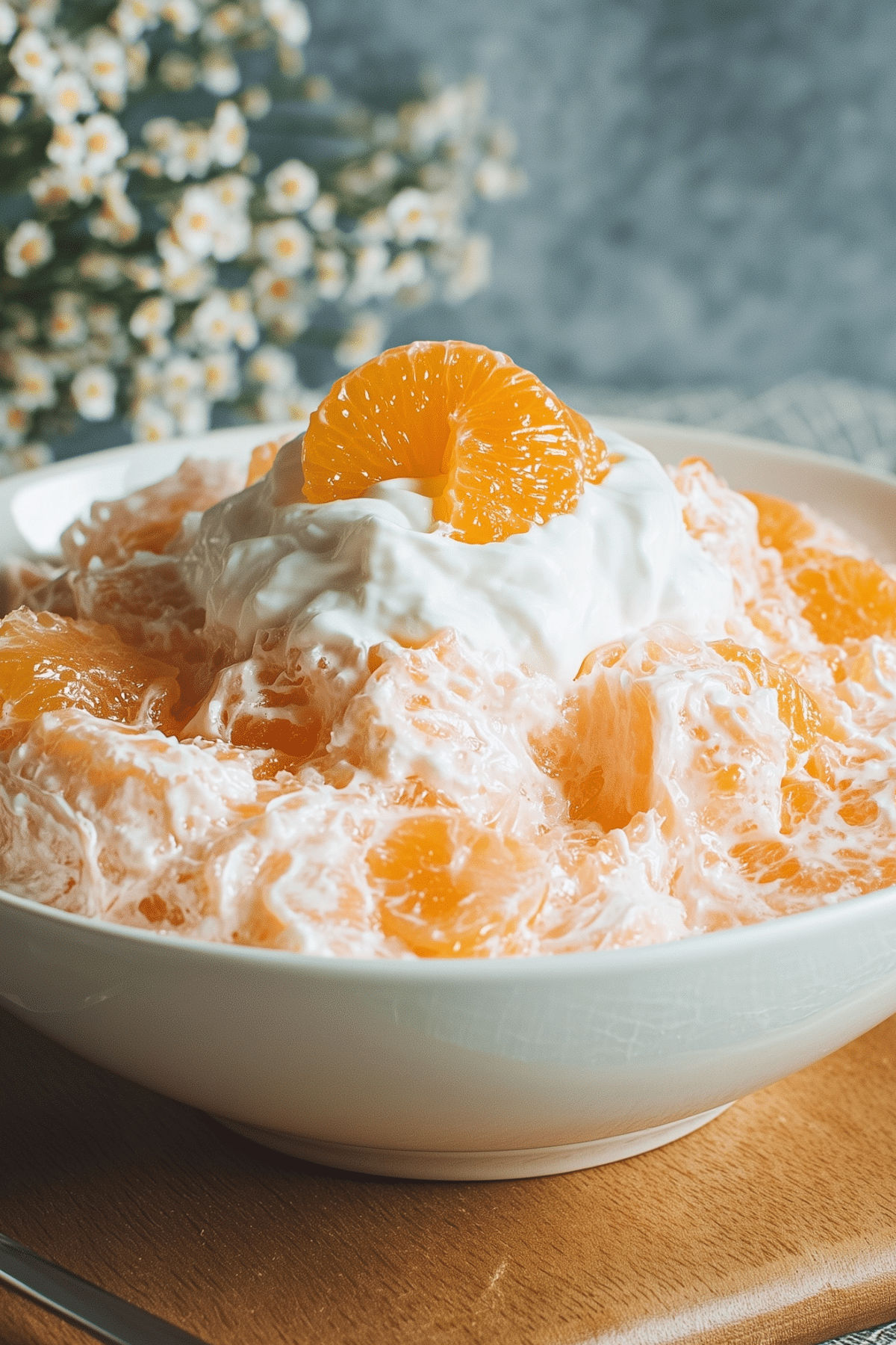 Mandarin Orange Jello Salad in a serving bowl with mandarin slices