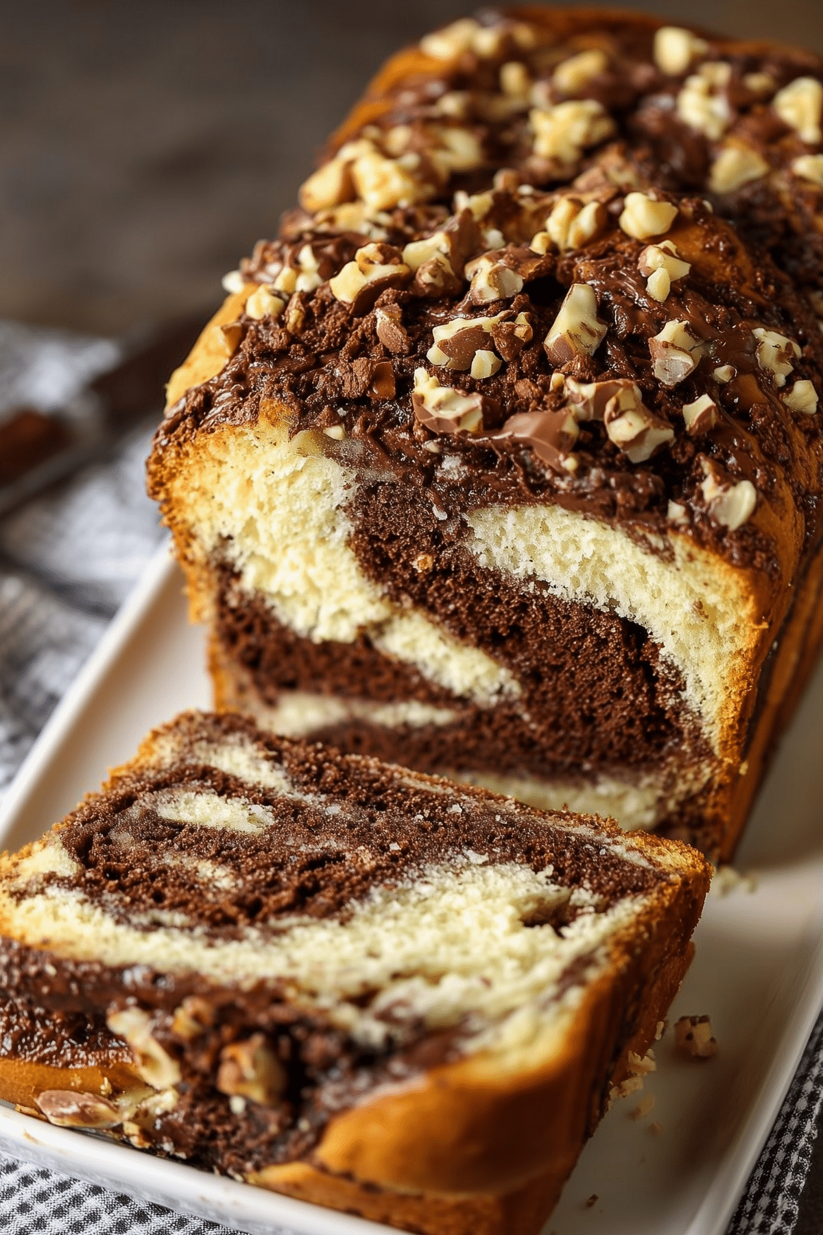 Nutella Swirl Bread sliced showing chocolate hazelnut swirl inside