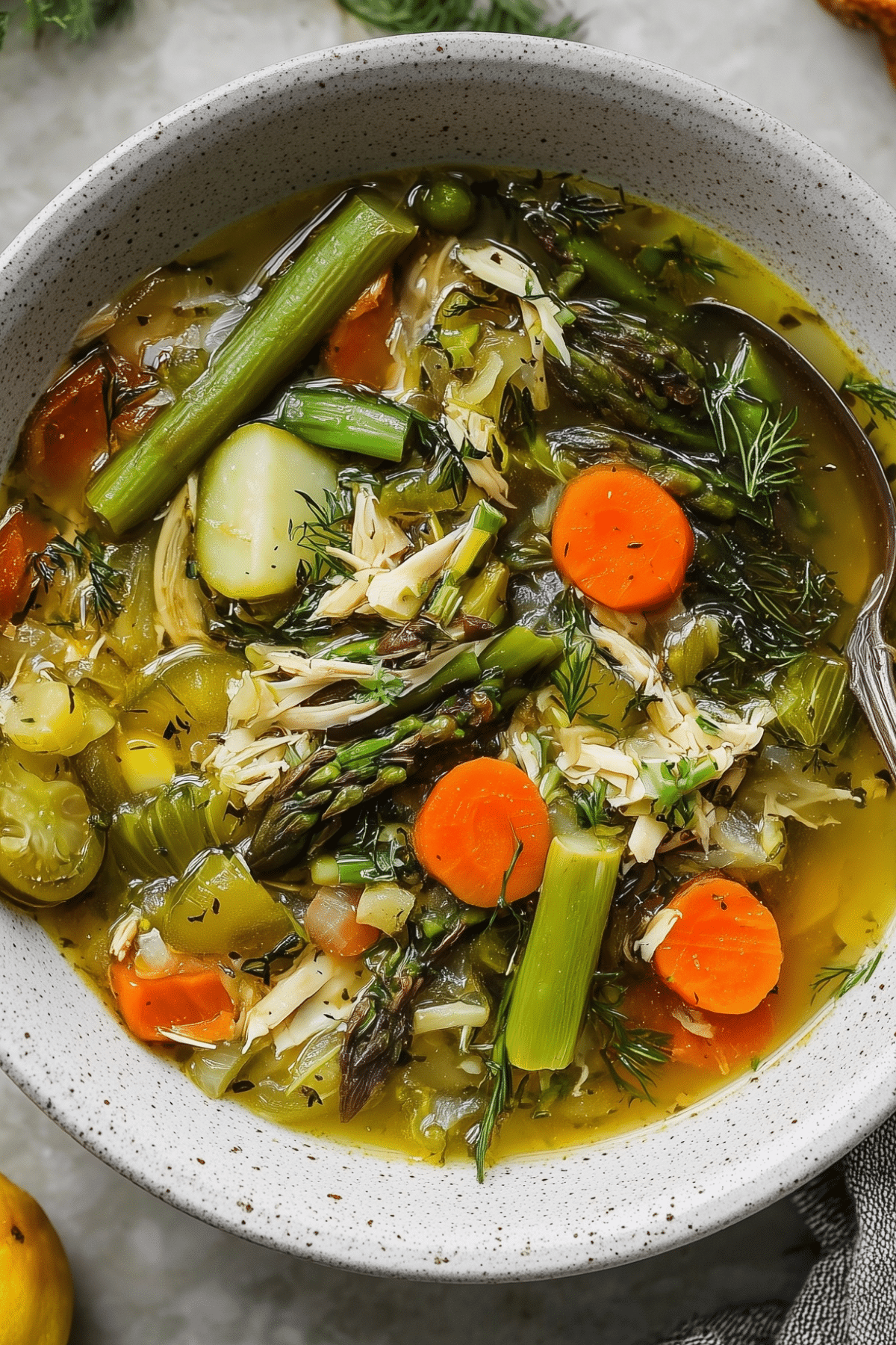 One Pot Spring Vegetable Soup with asparagus, carrots, and fresh herbs in a bowl