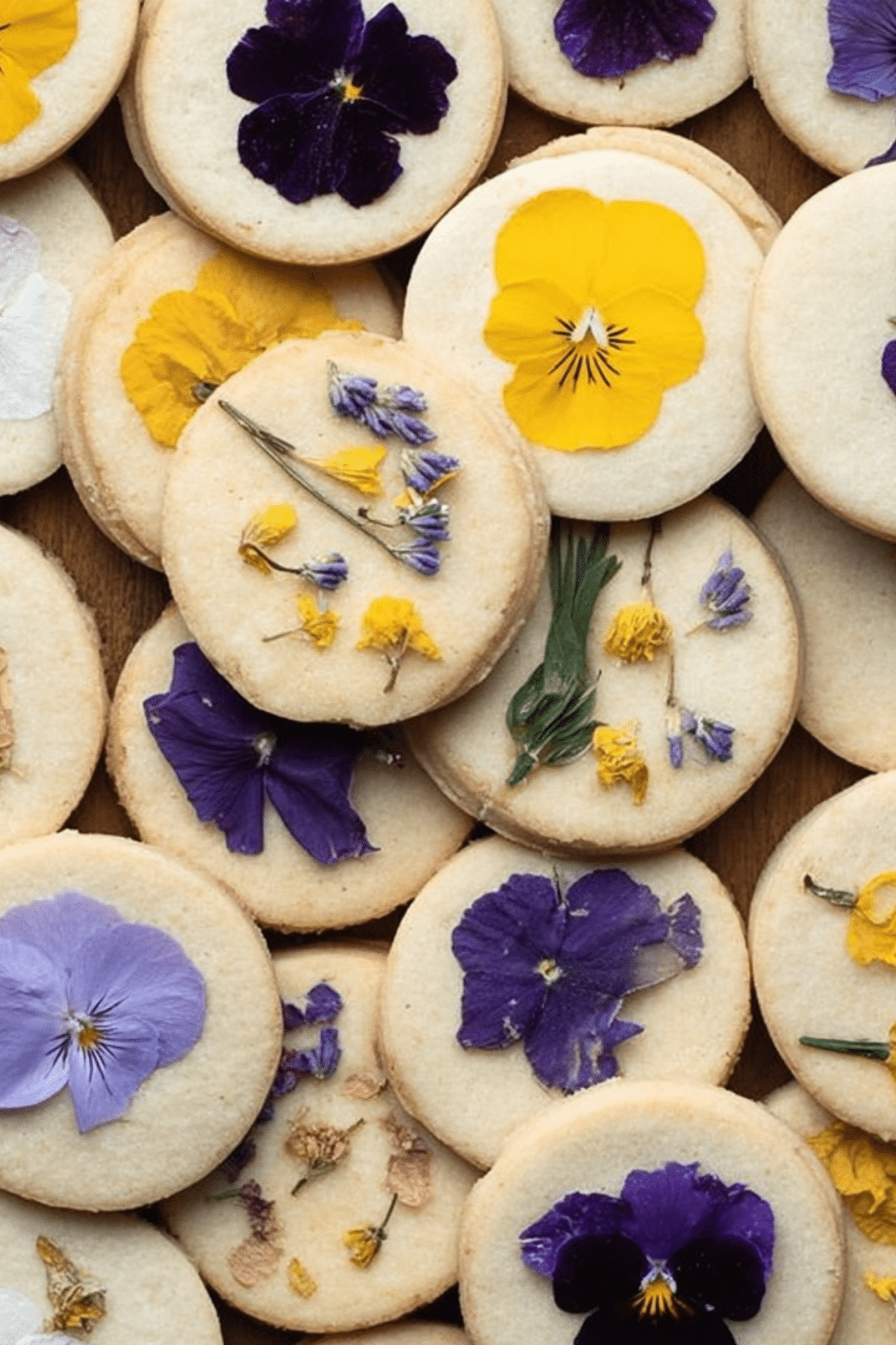 Pressed Flower Cookies decorated with colorful edible flowers