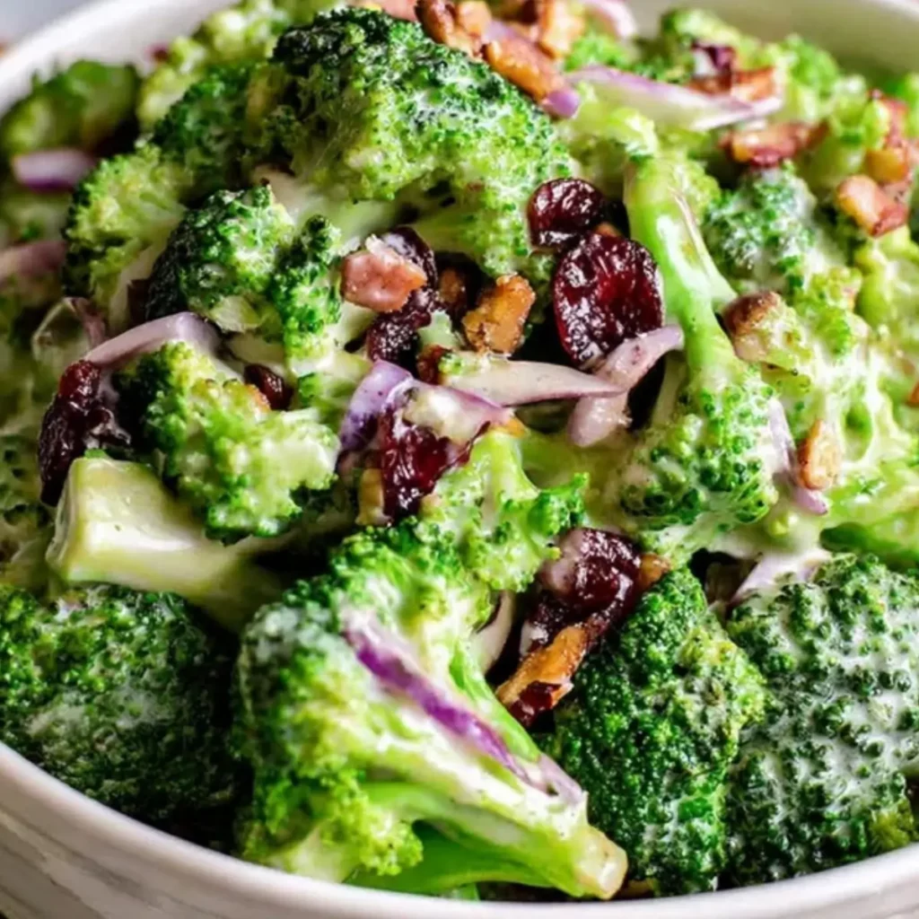 The Best Broccoli Salad Recipe: A Refreshing and Flavorful Dish Broccoli Salad is a delightful and versatile dish that brings together the crunchiness of fresh vegetables with the savory goodness of bacon and the sweetness of dried cranberries. Whether you're preparing it for a family gathering, potluck, or just a light side dish, this broccoli salad is sure to impress. With a quick prep time and a simple list of ingredients, it’s a perfect choice for anyone looking for a healthy yet delicious salad option. Why This Broccoli Salad Is a Must-Try This easy-to-make broccoli salad combines crisp bacon, crunchy almonds, tangy red onions, and sweet dried cranberries all mixed together in a creamy mayonnaise dressing. The result is a dish that’s not only delicious but also packed with a mix of textures that make each bite satisfying. It’s the perfect side dish for any occasion—be it a backyard BBQ, a holiday meal, or a light lunch. The blend of savory and sweet elements creates a crowd-pleasing balance that is sure to disappear fast at any gathering. Ingredients for Broccoli Salad Here are the essential ingredients that make this broccoli salad so irresistible: • Mayonnaise: Adds creaminess and a rich texture to the dressing. • Apple Cider Vinegar: Provides a tangy contrast to the sweetness of the other ingredients. • Granulated Sugar: A touch of sweetness to balance the flavors in the dressing. • Fresh Ground Black Pepper: Enhances the dressing with a subtle spiciness. • Broccoli Florets: The star of the dish, offering crunch and numerous health benefits. • Crispy Bacon: Adds a savory, crispy element that complements the other ingredients. • Red Onion: Provides a slight bite and sharpness to contrast the sweetness. • Dried Cranberries: Adds sweetness and a chewy texture to the salad. • Sliced Almonds: Contributes a nutty crunch and extra texture. Ingredient Alternatives for Variations If you're looking to adjust the salad for dietary preferences or ingredient availability, here are some useful swaps: • Sunflower Seeds or Pine Nuts: Substitute for sliced almonds for a different nutty flavor. • Pecans or Walnuts: These nuts work well as replacements for almonds, adding a richer, earthier taste. • Shredded Cheese: Add sharp cheddar cheese for extra flavor and a creamy texture. • Grapes: Replace dried cranberries with fresh grapes for a juicy twist on this salad. Step-by-Step Instructions to Make Broccoli Salad In a small bowl, whisk together the mayonnaise, apple cider vinegar, sugar, and fresh ground black pepper until smooth. Set aside. Cut the broccoli florets into small, bite-sized pieces, ensuring they’re all relatively uniform. This helps the dressing coat the broccoli evenly. Cook the bacon until crispy, either by baking it in the oven or pan-frying. Once crispy, chop the bacon into small pieces. In a large mixing bowl, combine the chopped broccoli, red onion, bacon, dried cranberries, and sliced almonds. Drizzle the mayonnaise dressing over the ingredients in the bowl and toss everything together until well coated. Cover the bowl and refrigerate the salad for 1-2 hours to allow the flavors to meld. Before serving, give the salad one last toss to make sure the dressing is evenly distributed. Tips & Tricks for the Perfect Broccoli Salad • For optimal flavor: Let the salad chill in the fridge for a few hours before serving. This allows the dressing to soak into the vegetables and enhances the flavors. • Tenderizing the Broccoli: If you prefer a softer texture, blanch the broccoli by briefly boiling it for 1-2 minutes, then rinse with cold water to stop the cooking process. • Customizing the Dressing: If you like a sweeter dressing, add an extra tablespoon of sugar. Alternatively, for a tangier option, increase the vinegar slightly. • Serving Leftovers: The salad can be stored in an airtight container in the fridge for up to 3 days. Just make sure to stir it before serving again. Pairing Ideas and Variations This broccoli salad pairs well with a variety of dishes, from grilled meats to light seafood options. It’s particularly delicious with grilled chicken, pork tenderloin, or even a smoky BBQ spread. For an added twist, consider making a spicy version by adding a pinch of cayenne pepper to the dressing or tossing in some diced jalapeños. If you're prepping for a potluck or a large family gathering, consider serving it alongside a bowl of creamy mashed potatoes or a fresh fruit salad to complement the flavors. Make sure to store any leftovers in the fridge for later enjoyment. Health Benefits of Broccoli Salad Broccoli is a powerhouse of nutrients, offering a wealth of vitamins, minerals, and fiber. This salad not only provides a healthy dose of vitamin C, vitamin A, and fiber from the broccoli, but the nuts and bacon also contribute healthy fats and protein. With the addition of cranberries, this dish is also rich in antioxidants, making it a nutritious and filling side dish. In conclusion, this broccoli salad is a versatile, easy-to-make dish that combines great flavor with plenty of health benefits. Whether you’re serving it at a family gathering or enjoying it as a standalone meal, it’s sure to be a hit. Give it a try for your next event or weeknight dinner!